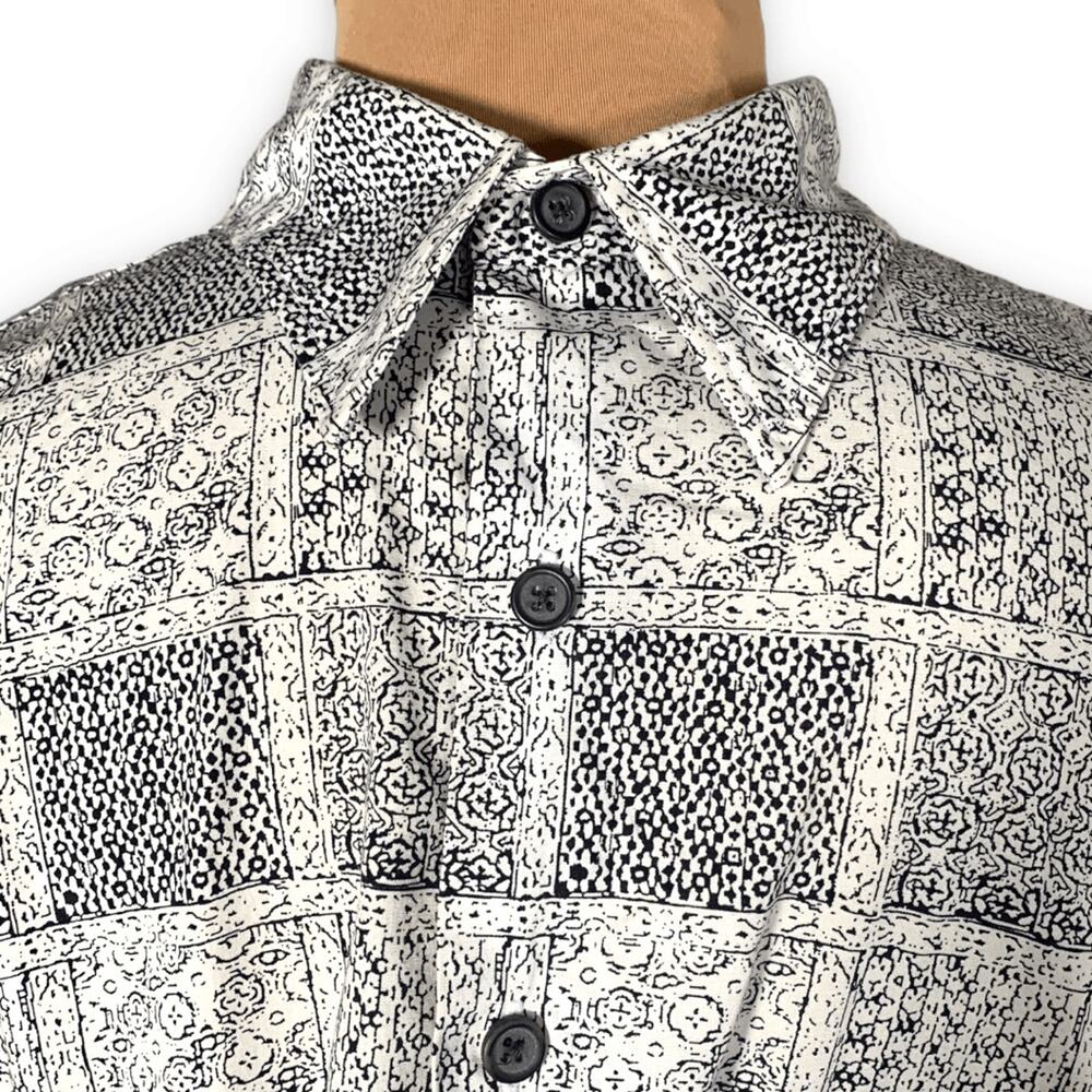 Equipment Patchwork Print Button Up Shirt Black White Cotton Mens Large Eclectic